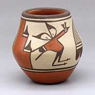 A small polychrome jar decorated with a two-panel roadrunner, rain cloud and geometric design
 by Elizabeth Medina of Zia