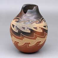 A two-tone jar with a kiva-step cut organic opening and decorated with two bands of sgraffito geometric design around the body
 by Polly Rose Folwell of Santa Clara