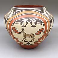 Polychrome jar with a deer, roadrunner, and geometric design
 by Sofia Medina of Zia