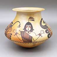 Polychrome jar with a flared opening, fire clouds, and a sgraffito and painted dancer and geometric design over a speckled background