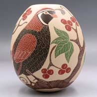 Polychrome jar with a sgraffito and painted quail, branch, leaf and berry design