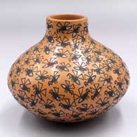 Polychrome jar with a short neck and painted with a flying insect design