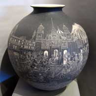 Day of the Dead and Mexico City views design incised into a large black olla