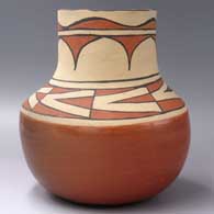 A polychrome jar with a band of geometric design around the neck and another between it and the shoulder