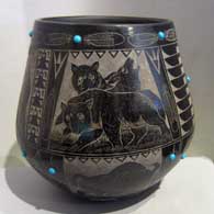 Black jar with sgraffito design and inlaid turquoise