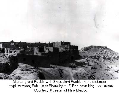 Mishongnovi Pueblo with Shipaulovi Pueblo in the distance.  

Hopi, Arizona, Feb. 1909