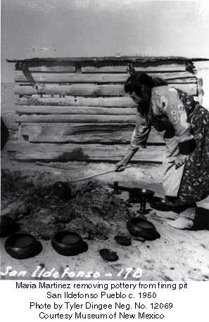 Maria Martinez removing pottery from firing pit
San Ildefonso Pueblo c. 1950
Phote by Tyler Dingee Neg. No. 12069
Courtesy Museum of New Mexico