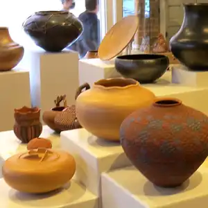 A look at the pottery on display on the shelves of other potters