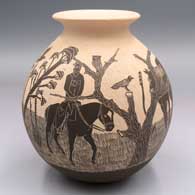 Click for a larger view Black-on-white jar with a rolled lip and a sgraffito cowboys, horses, birds and plants in a desert scene
 by Monico Rodriguez of Mata Ortiz and Casas Grandes