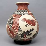 Polychrome jar with sgraffito and slipped prairie dog and geometric design, click or tap to see a larger version