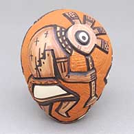 Small polychrome seed pot with a carved and painted kokopelli and geometric design
 by Carla Nampeyo of Hopi