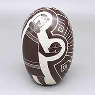 Sienna seed pot with a sgraffito dancer, bowl, cornstalk, feather ring, and geometric design
 by Carla Nampeyo of Hopi