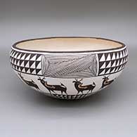 Polychrome bowl with a deer with heart line, fine line, and geometric design
 by Rose Chino Garcia of Acoma