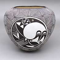 Black and white jar with a three-panel checkerboard, fine line, and geometric design
 by Juana Leno of Acoma