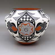 Polychrome jar with a three-panel painted fine line, checkerboard, and geometric design
 by Rachel Aragon of Acoma