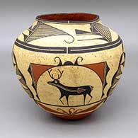 Polychrome jar with a painted deer-with-heart line, medallion, fine line, and geometric design
 by Adrian Vallo of Acoma
