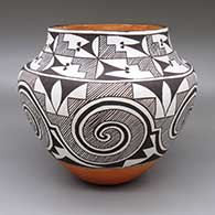 Polychrome jar with a painted spiral, fine line, kiva step, and geometric design
 by Juana Leno of Acoma