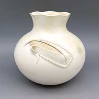 White jar with scalloped lip and ear of corn applique
 by Jackie Shutiva of Acoma