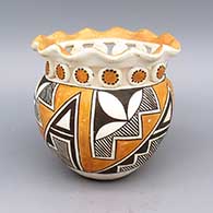 Polychrome jar with scalloped rim, distinctive cut-out neck, and geometric design, Includes certificate of authenticity verifying artist
 by Richard Lewis of Acoma