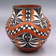Polychrome jar with a 4-direction rainbow and geometric design, copy of a pot at the School for Advanced Research
 by Lilly M Salvador of Acoma