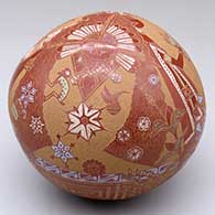 A polychrome seed pot decorated with a sgraffito and painted pueblo dancer, pueblo, wildlife and geometric design
 by Rosemary Lonewolf of Santa Clara