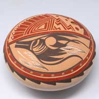 Polychrome seed pot with a sgraffito and painted avanyu, feather and geometric design
 by Helen Tafoya of Jemez