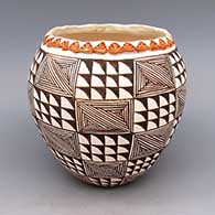 Polychrome jar with sculpted rim and geometric design
 by Juana Leno of Acoma