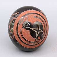 Polychrome seed pot with sgraffito Mimbres quail, sun face, and geometric design
 by Haungooah aka Art Cody of Santa Clara