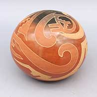 Red seed pot with black spot and sgraffito geometric design
 by Jody Folwell of Santa Clara