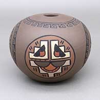 Polychrome seed pot with a raincloud, kiva step, feather ring, and geometric design
 by Minnie Vigil of Santa Clara