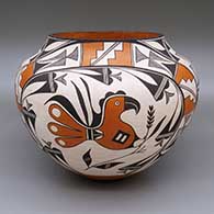 Polychrome jar with a parrot, fine line, and geometric design
 by Florence Aragon of Acoma