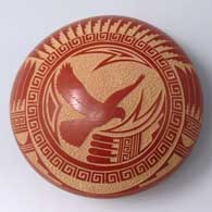 Red seed pot with a sgraffito bird, feather and geometric design
 by Glendora Fragua of Jemez