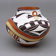 Small polychrome jar with a traditional Acoma design based on a piece from the 1880s featuring rainbow and geometric elements
 by Delores Aragon Juanico of Acoma