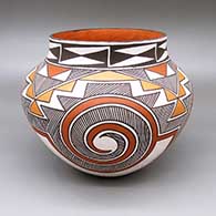 Polychrome jar with a four-panel spiral, fine line, and geometric design
 by Robert Patricio of Acoma