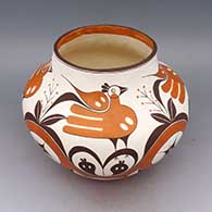 Polychrome jar with chicken, plant, leaf, berry, and geometric design, replica of historical jar from 1880-1900s
 by Delores Aragon Juanico of Acoma