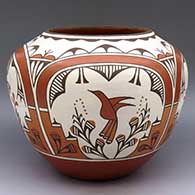 Polychrome four panel jar roadrunner, corn, and geometric design
 by Ruby Panana of Zia