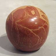 Red seed pot with sgraffito nature and geometric design
 by Apple Blossom of Santa Clara