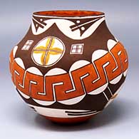 Polychrome jar with a locks-and-keys rainbow and geometric design
 by Delores Aragon Juanico of Acoma