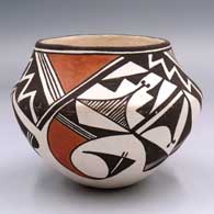 Polychrome jar with a 3-panel bird element, rain cloud and geometric design
 by Lucy Lewis of Acoma