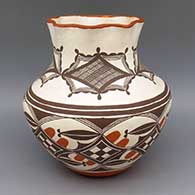 Polychrome jar with fluted opening, fine line, checkerboard, and geometric design
 by Marie Juanico of Acoma