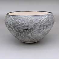 Black and white bowl with fine line geometric design
 by Jessie Garcia of Acoma