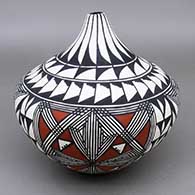Polychrome seed pot with a feather ring, fine line, and geometric design
 by Sandra Victorino of Acoma