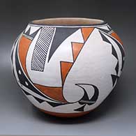 A polychrome jar decorated around the body with a three-panel geometric design between a sky boundary and an Earth boundary
 by Unknown of Acoma
