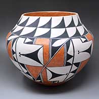 A polychrome jar decorated with a five-panel geometric design below a sky band of geometric design and above the Earth band at the bottom of the pot
 by Unknown of Acoma