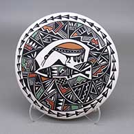 Polychrome seed pot with a heron, fish, fine line, checkerboard, and geometric design
 by Unknown of Acoma