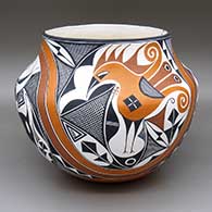 Polychrome jar with a traditional Acoma design featuring parrot, deer-with-heart-line, berry, rainbow, fine line, and geometric elements
 by Adrian Trujillo of Acoma