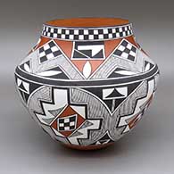 Polychrome jar with a fine line, checkerboard, and geometric design
 by Randy Antonio of Acoma