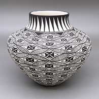 Black-on-white jar with a fine line and geometric design
 by Cletus Victorino of Acoma