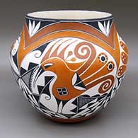 Polychrome jar with a traditional four-panel Acoma design featuring parrot, rainbow, fine line, and geometric elements
 by Adrian Trujillo of Acoma