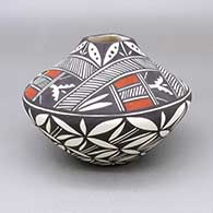 Polychrome jar with a square opening and a painted fine line, kiva step, and geometric design
 by Sandra Victorino of Acoma